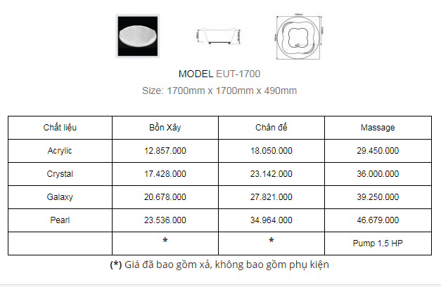 BỒN TẮM OVAL EUT-1700