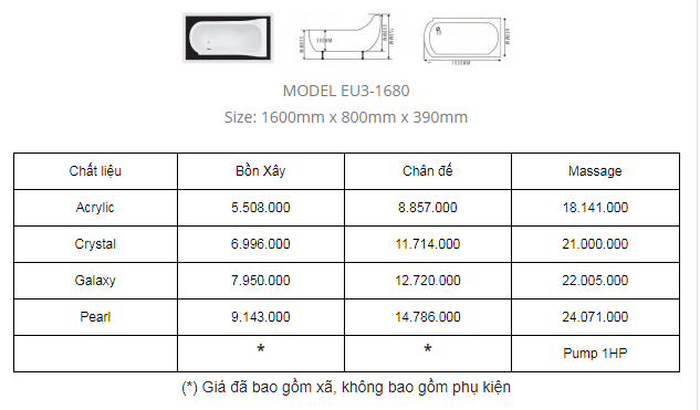 BỒN TẮM OVAL EU3-1680