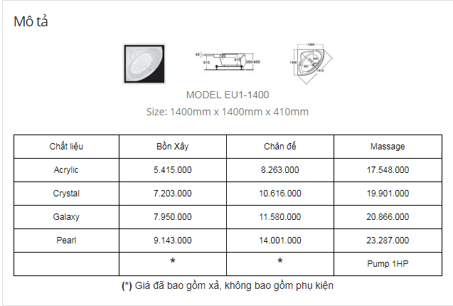 Bồn tắm góc EU1-1400