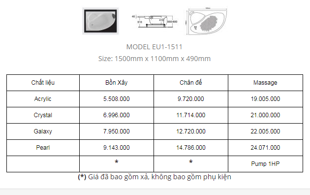 BỒN TẮM GÓC EU1-1511