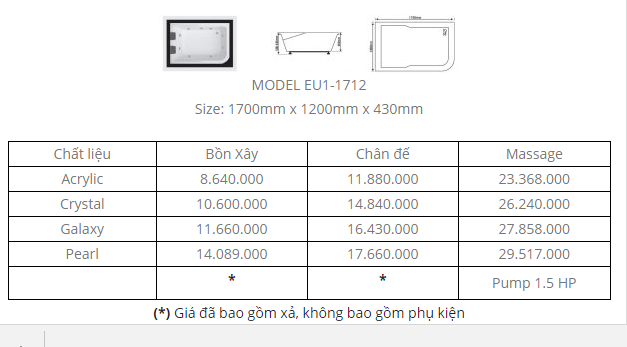 BỒN TẮM OVAL EU1-1712